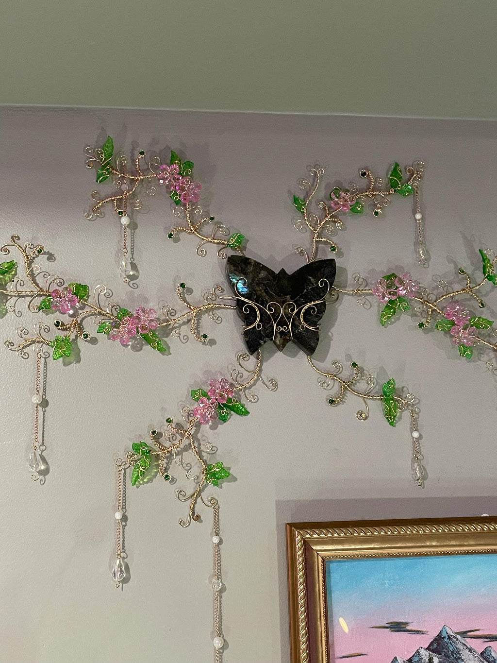 Labradorite Crystal Butterfly Wire Wrapped Cherry Blossom Wall Hanger Statement Piece