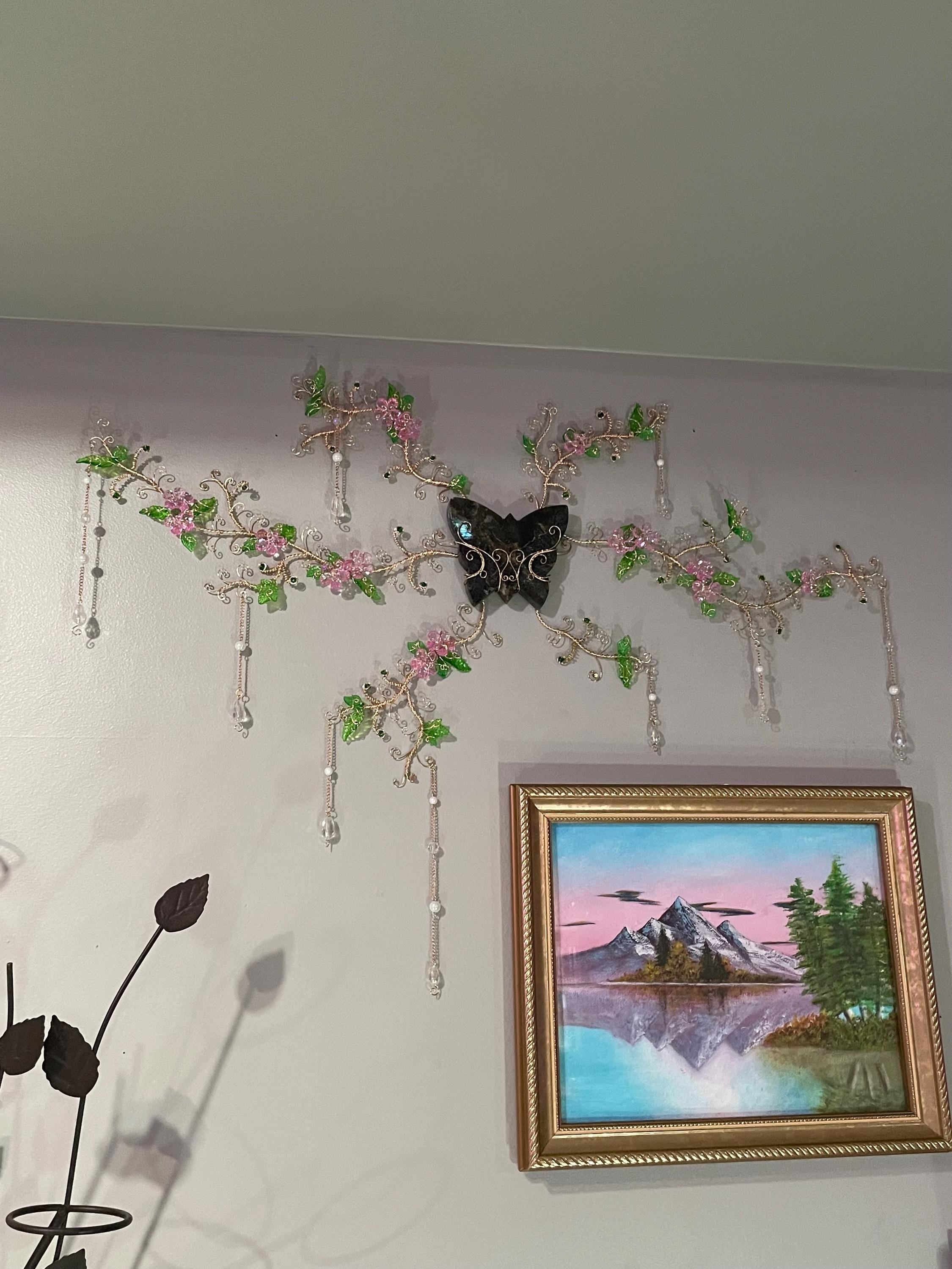 Labradorite Crystal Butterfly Wire Wrapped Cherry Blossom Wall Hanger Statement Piece