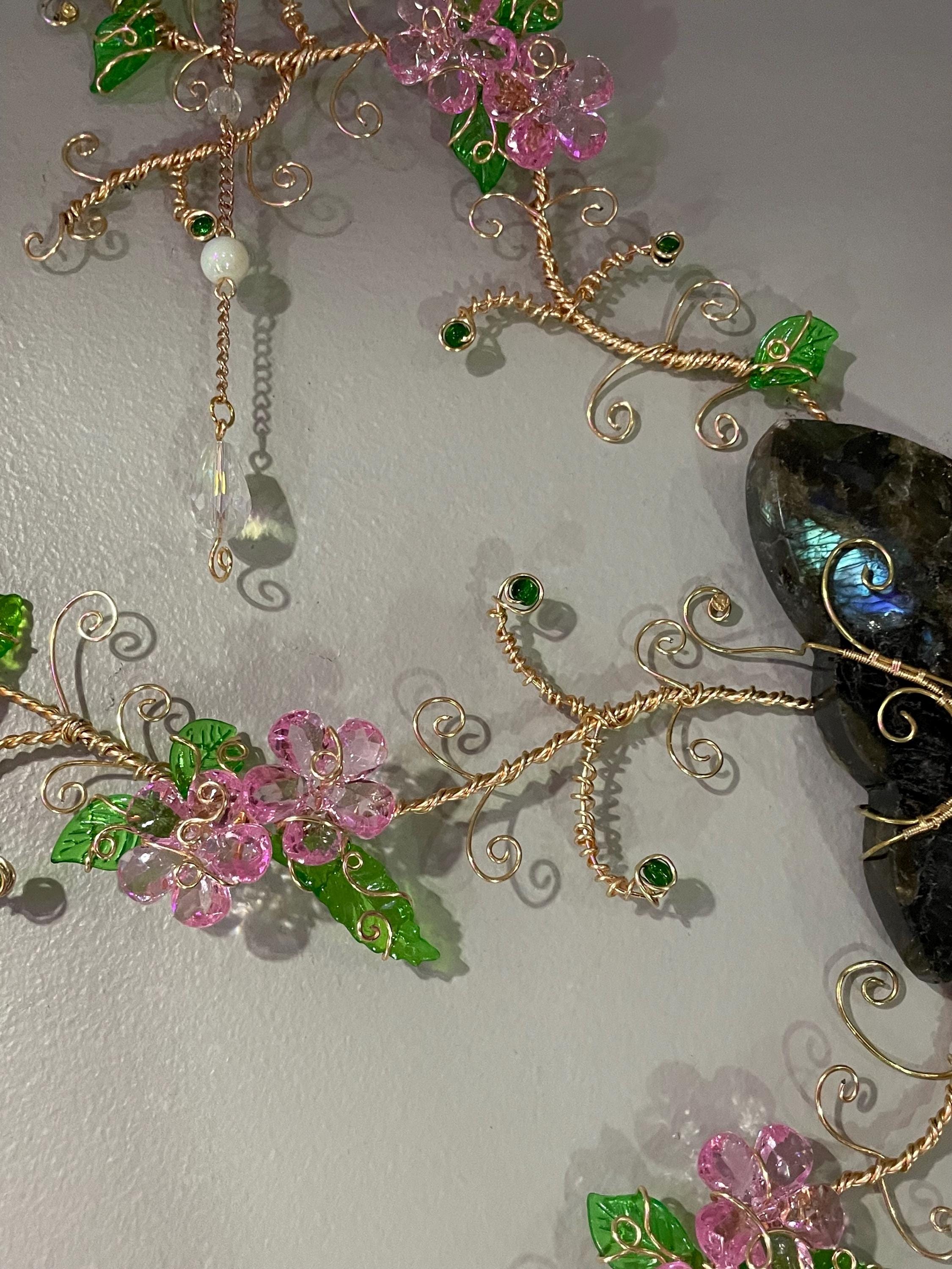 Labradorite Crystal Butterfly Wire Wrapped Cherry Blossom Wall Hanger Statement Piece
