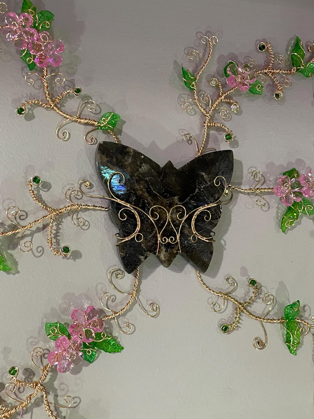 Labradorite Crystal Butterfly Wire Wrapped Cherry Blossom Wall Hanger Statement Piece